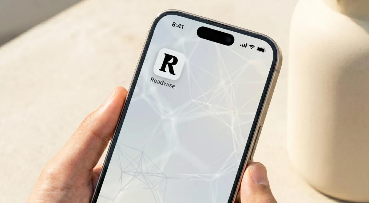 Hand holding a smartphone displaying the Readwise app home screen with a map-style interface, against a soft beige background (1)