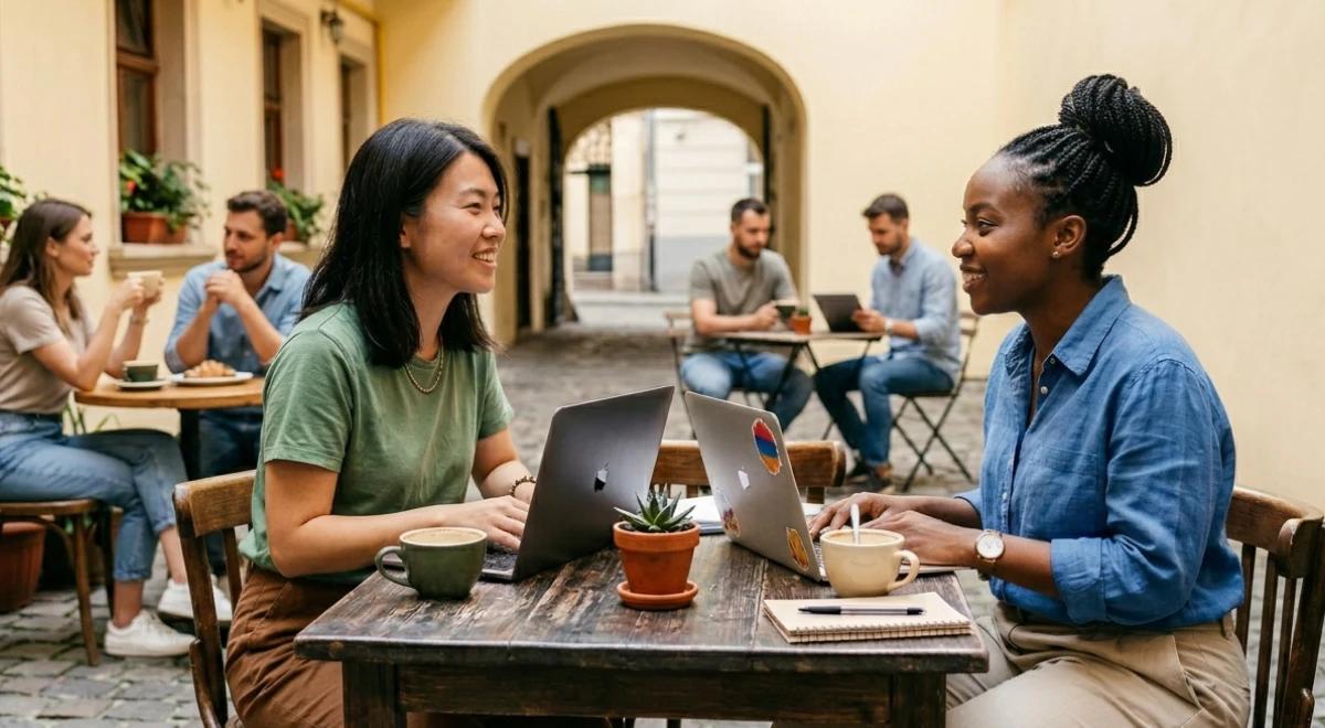 Two women talking and smiling at an outdoor café table with laptops and coffee, other people socializing in a sunny courtyard background