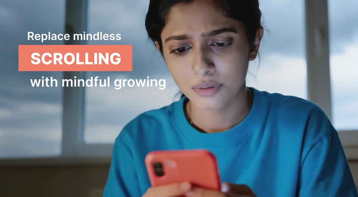 Young woman in a teal sweatshirt doomscrolling on a red smartphone indoors with a cloudy sky visible through the window, illustrating mindless scrolling and mental fog