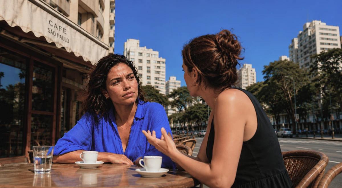Two women in a tense conversation at an outdoor café table, one in blue gesturing with a troubled expression, illustrating a guilt tripping situation