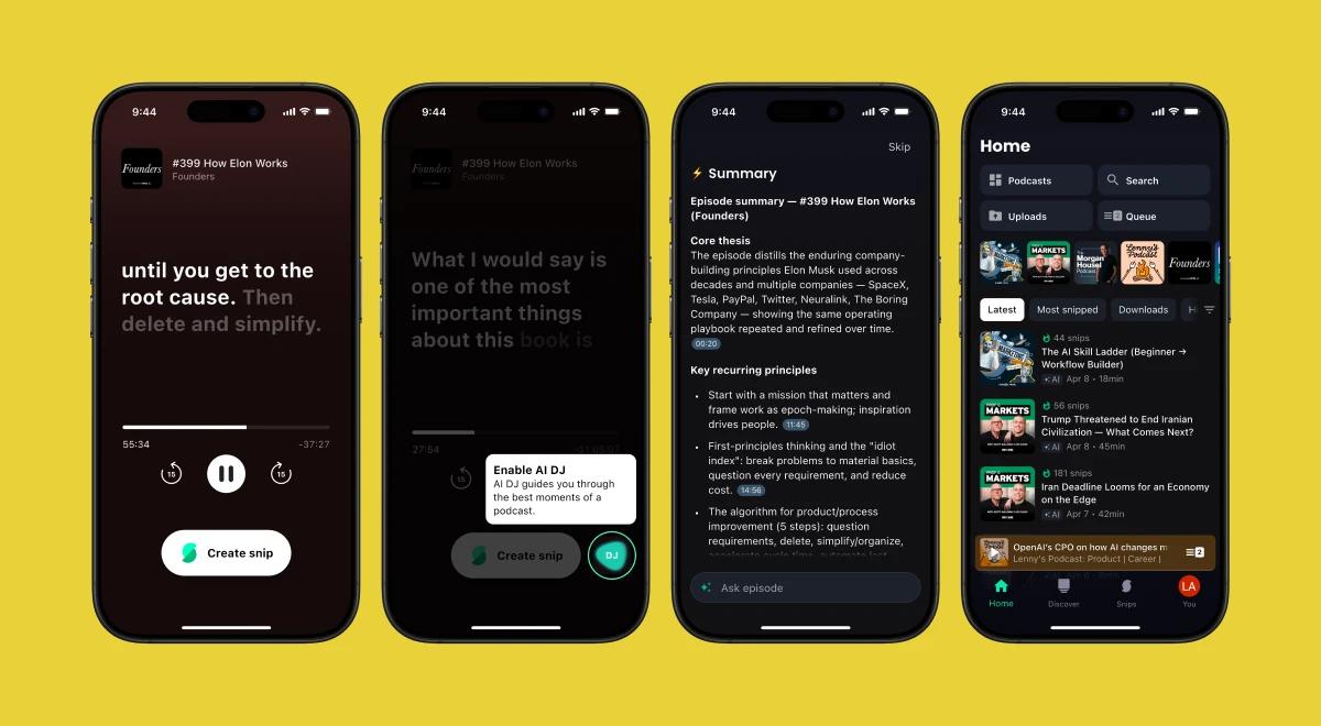 _Four Snipd app screens on a yellow background showing podcast playback, AI snippet creation, episode summary, and home feed as part of a Snipd pricing and features overview