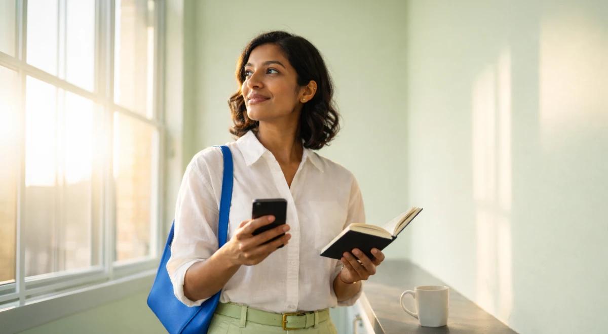Woman in a white shirt with a blue bag holding a smartphone and an open book by a bright window, representing a microskills learning mindset