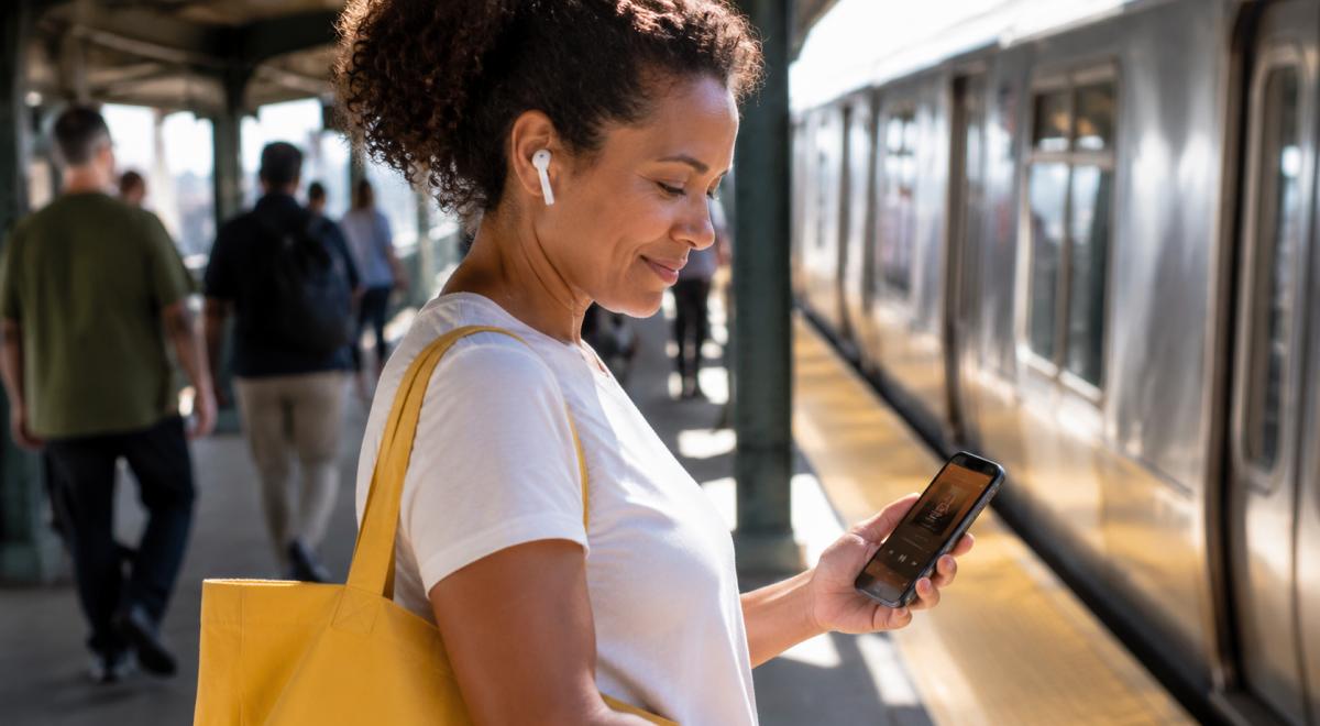 Woman with wireless earbuds and a yellow tote bag listening to podcasts on her phone while waiting on a sunny subway platform as a train and commuters pass by