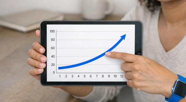 Woman pointing at upward blue arrow chart on tablet, wearing smartwatch, illustrating self-improvement technique and personal growth progress over time