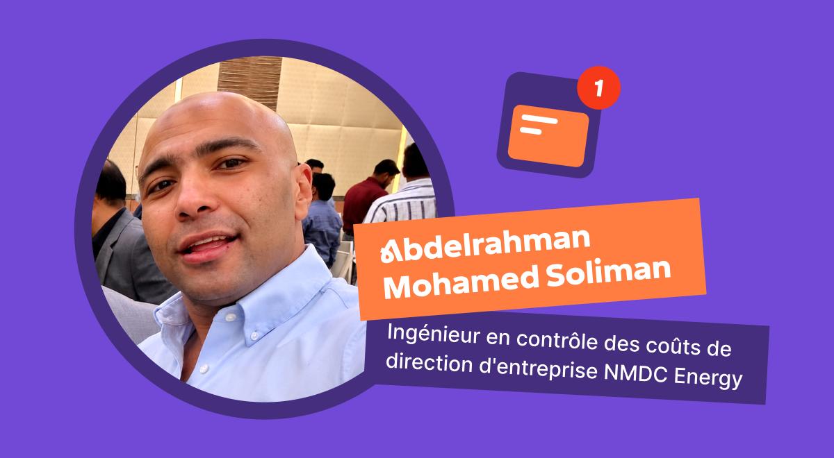 Avis sur Headway d'Abdelrahman Mohamed Soliman, ingénieur en contrôle des coûts de direction d'entreprise chez NMDC Energy, souriant en chemise bleue sur fond violet