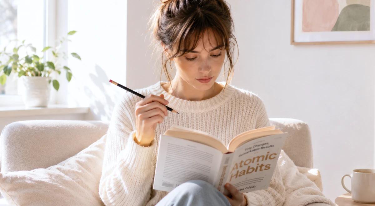 Woman in a cream sweater sitting in a cozy armchair reading Atomic Habits book with a pencil in hand in a bright living room