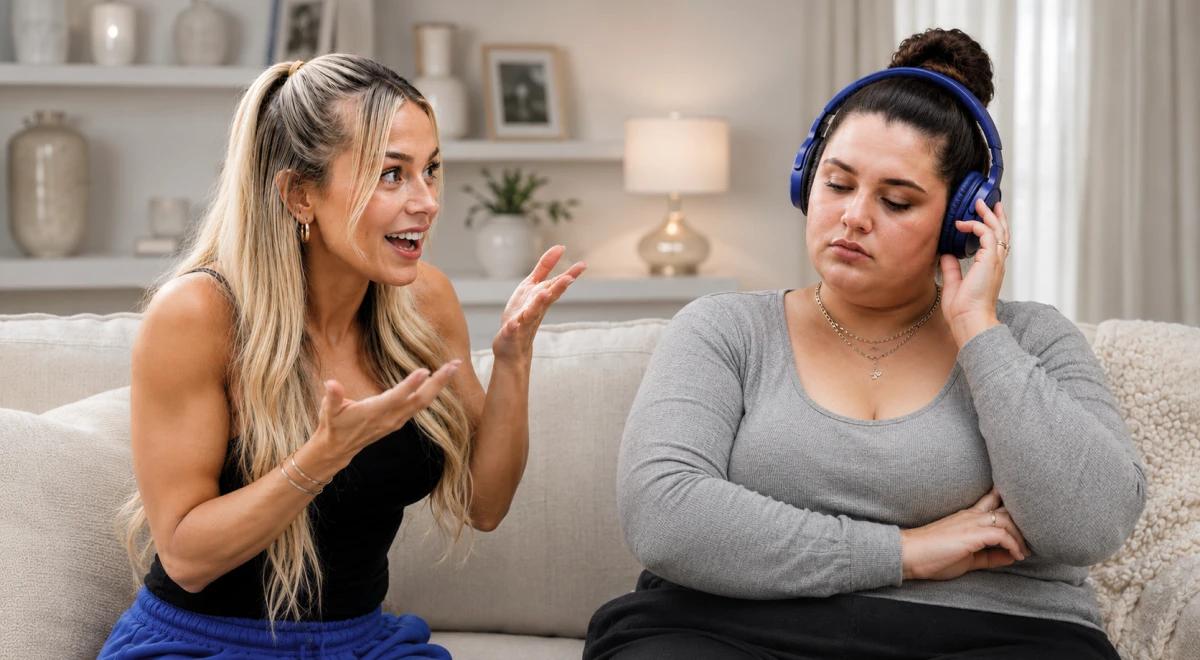Blonde woman in athletic wear gesturing expressively while talking to an uninterested woman wearing blue headphones on a white sofa in a bright living room