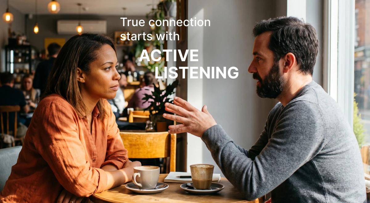 Man and woman sitting across from each other at a café table with coffee cups, engaged in deep conversation, representing active listening as part of an authenticity guide