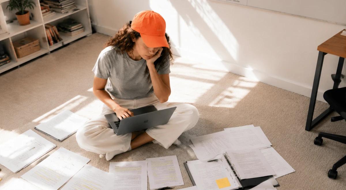 Young woman in an orange cap sitting on the floor surrounded by papers and working on a laptop, looking stressed and feeling stuck at home