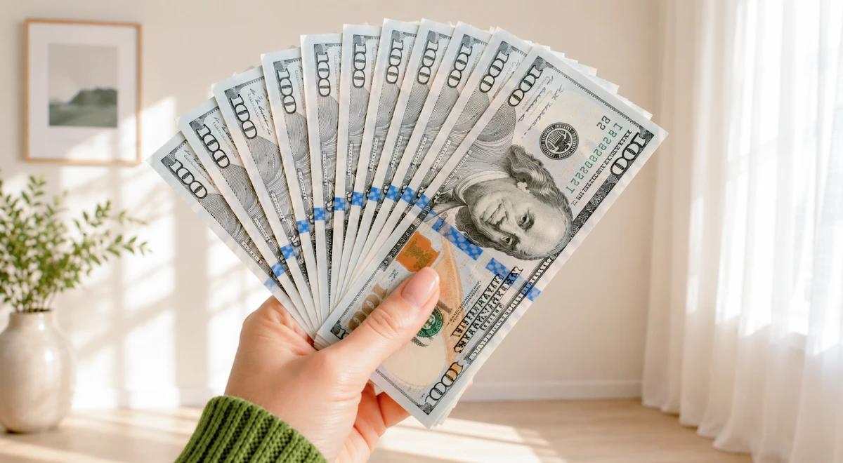 _Hand holding a fan of US hundred dollar bills in a bright white room with curtains and a small vase in the background