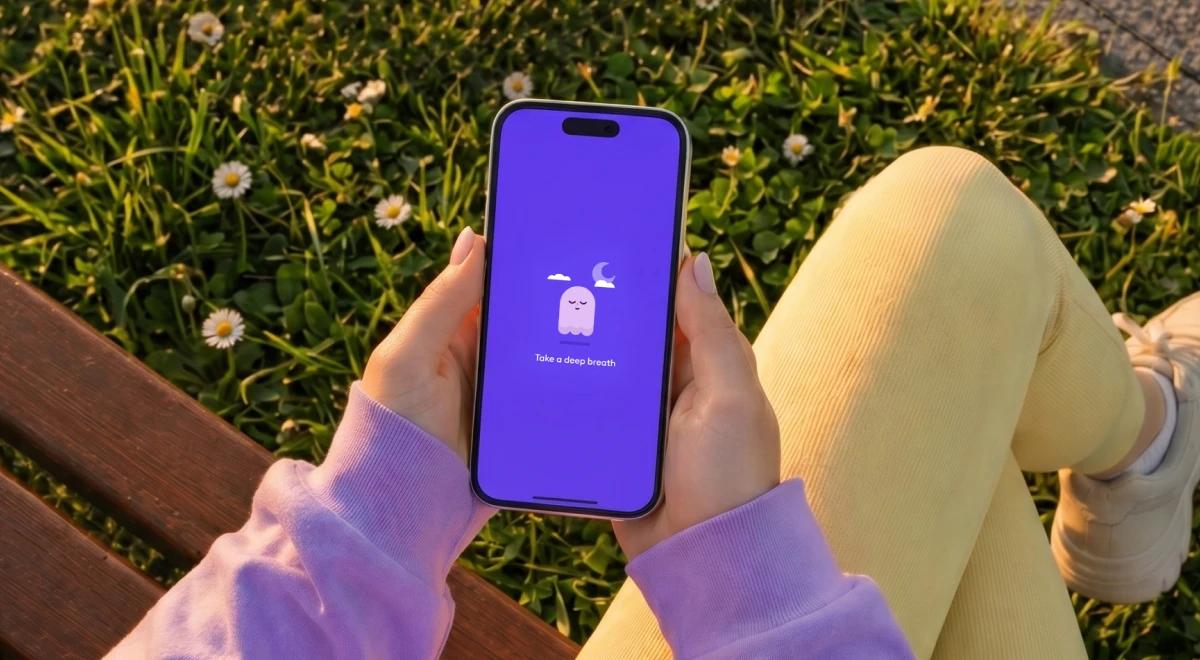 Person sitting outdoors on a wooden bench holding an iPhone with the Ahead app open, green grass and white daisies in the background