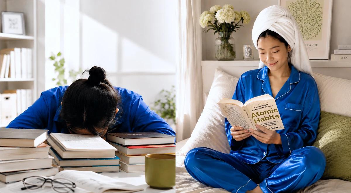 Two-photo collage showing a tired woman slumped over books on the left, and a relaxed woman in blue pajamas with a towel on her head reading a book on the right, contrasting traditional study with cas