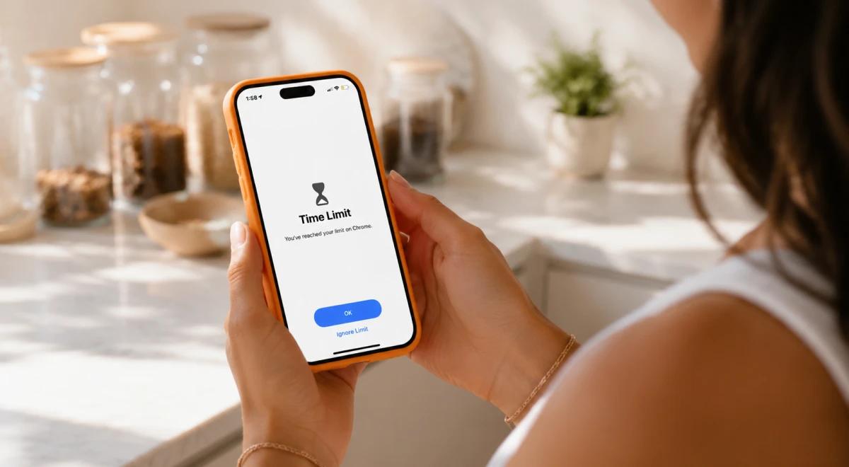 _Woman holding an iPhone with an orange case displaying a Time Limit screen in a bright kitchen, representing a social media break and screen time management