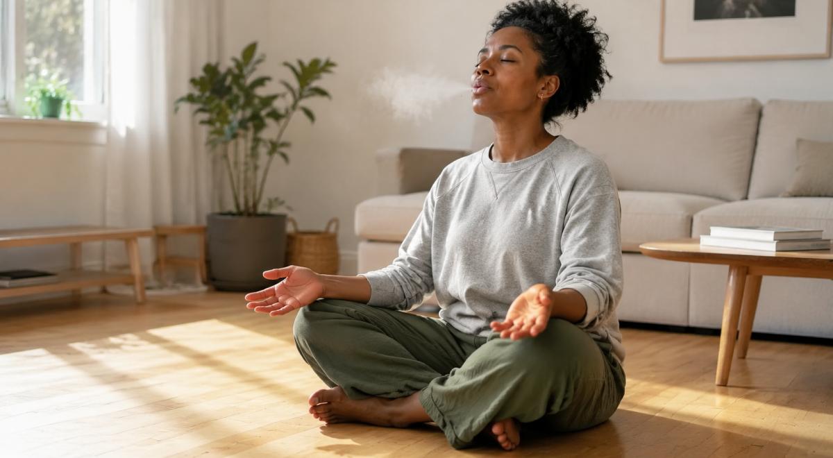 Woman meditating cross-legged on a sunlit wooden floor with eyes closed, exhaling and letting things go in a calm living room with a beige sofa and leafy plant