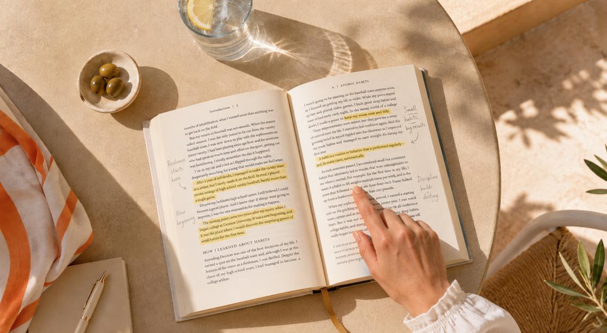 Hand pointing to highlighted passages with margin notes in the book Atomic Habits, demonstrating reading comprehension strategies beside a bowl of olives and a glass of lemon water on a sunlit table