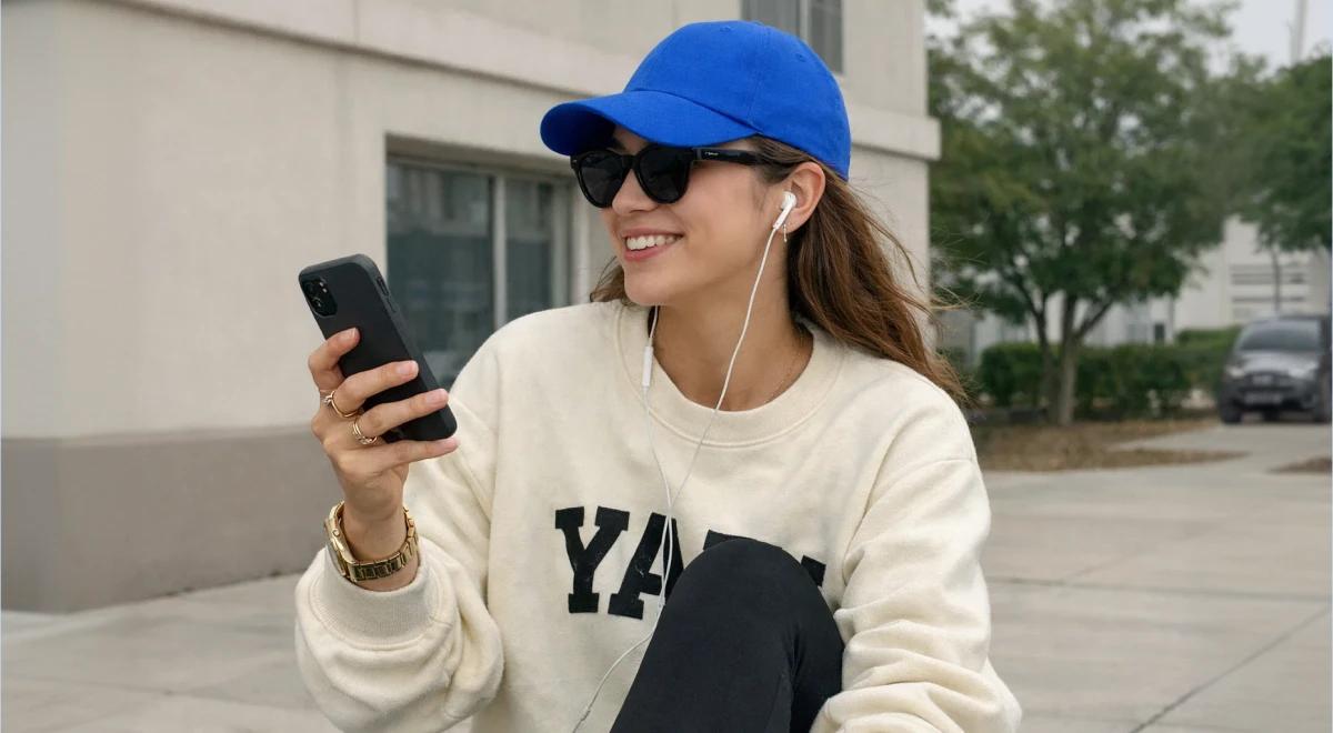 Young woman in a blue cap and sunglasses wearing a white Yale sweatshirt, listening to best audiobooks on her phone with earbuds outdoors on a sunny urban sidewalk