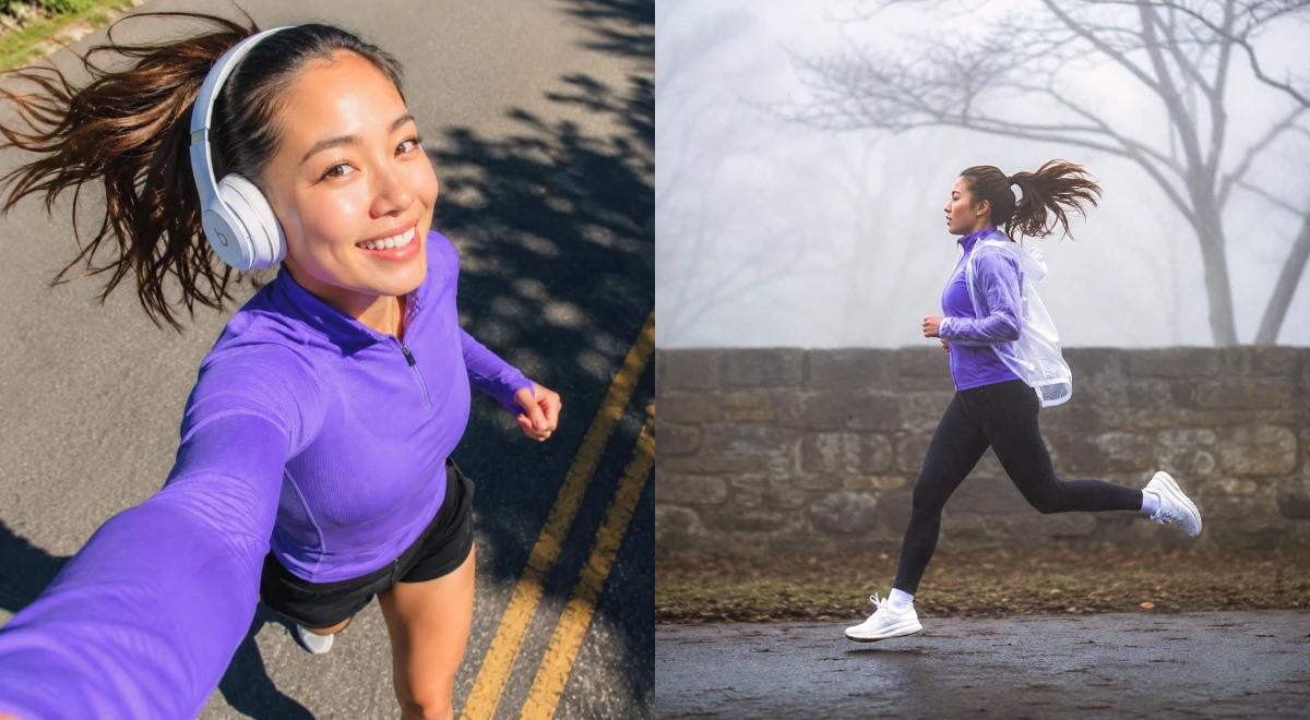 _Two photos of women in purple athletic gear — one taking a running selfie with headphones outdoors, another jogging in foggy weather — representing motivation vs discipline in fitness