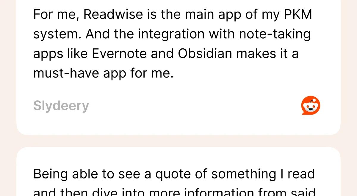 Reddit user review card quoting Slydeery praising Readwise as a core PKM app with Evernote and Obsidian integration, on a light pink background (1)