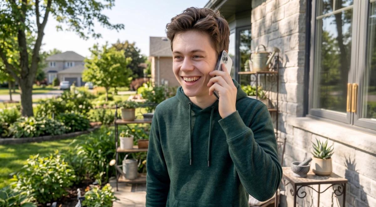 Smiling young man in a green hoodie talking on phone outdoors in a lush garden patio, enjoying a productive break between tasks