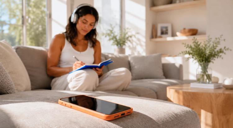 _Woman wearing headphones sitting on a beige sofa writing in a blue notebook with a phone and tablet nearby in a bright cozy living room