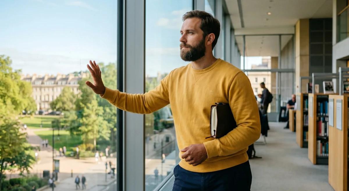 Bearded man in a yellow sweater holding a book and gesturing near large windows in a modern library, practicing intrapersonal communication through self-reflection, with a green park visible outside