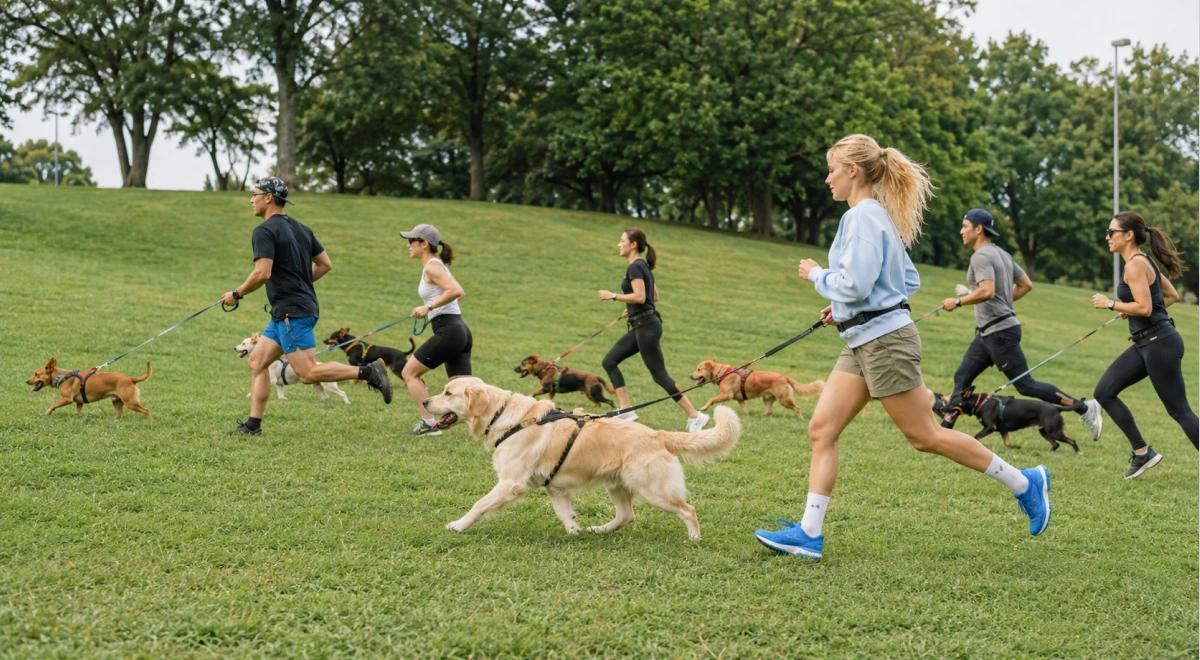 Group of people running with dogs including a golden retriever and dachshunds on a green park lawn on a sunny day