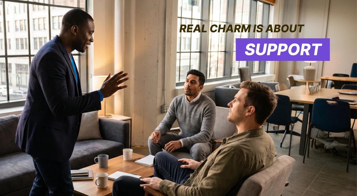 Group of four people in a modern lounge space having an animated discussion, with large windows in the background, showing genuine support and charm in social interactions