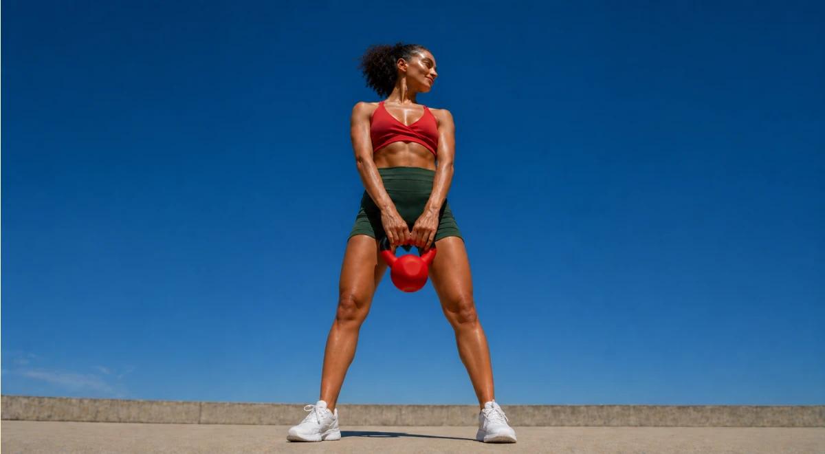 Fit Black woman in red sports bra and green shorts doing a kettlebell squat outdoors against a clear blue sky, building strength and confidence to move on after a relationship