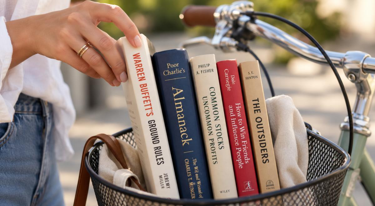 Hand reaching for a stack of Warren Buffett books in a bicycle basket, including Ground Rules, Poor Charlie's Almanack, Common Stocks and The Outsiders