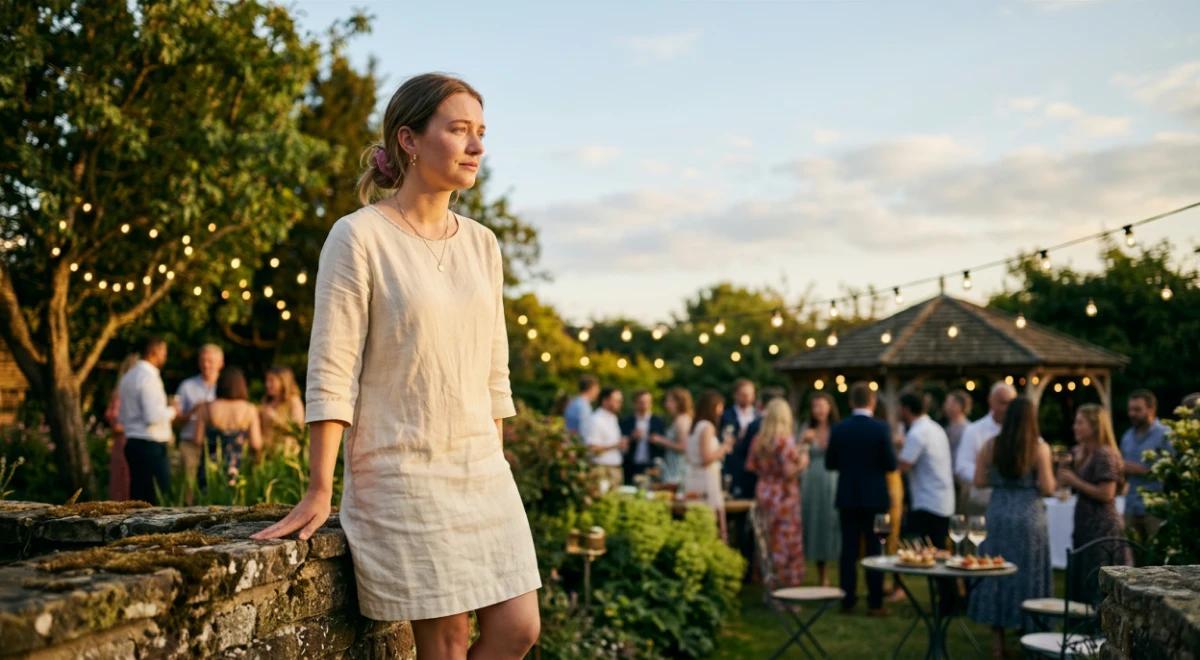 A socially awkward woman in a white dress leaning on a stone wall alone at an outdoor evening garden party with string lights and a group socializing in the background