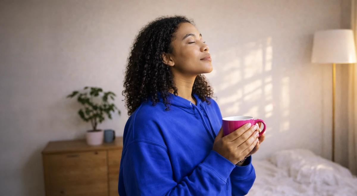 Woman in blue hoodie holding a pink mug with eyes closed in a sunlit bedroom, with a wooden dresser and plant in the background, enjoying a calm morning routine
