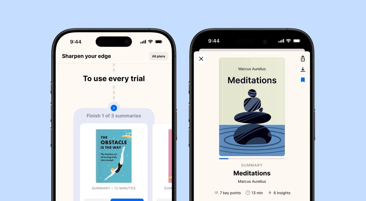 Two iPhones displaying the Headway app interface — one showing a reading challenge screen with The Obstacle Is the Way book summary, and the other showing the Meditations by Marcus Aurelius summary pa
