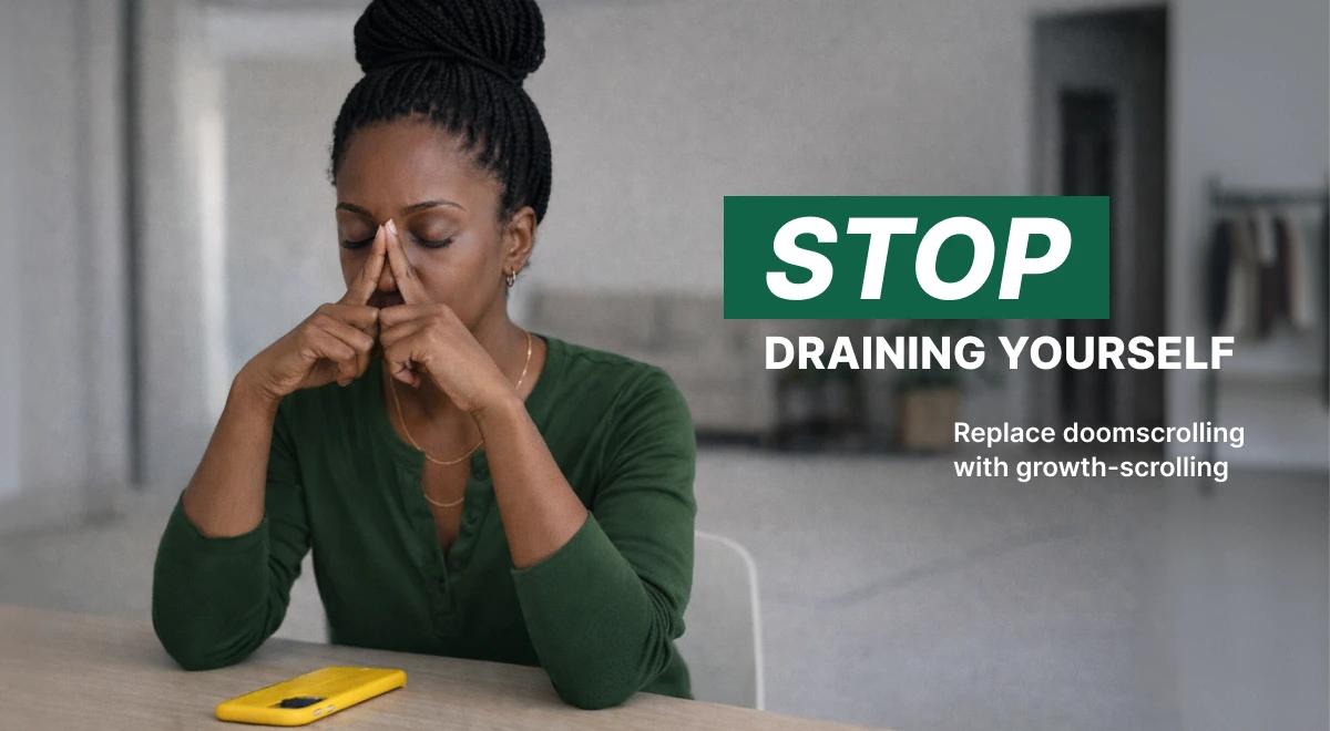 Stressed woman in a green top sitting at a table with a yellow phone, eyes closed and hands pressed to her face, illustrating the effects of doomscrolling on mental well-being