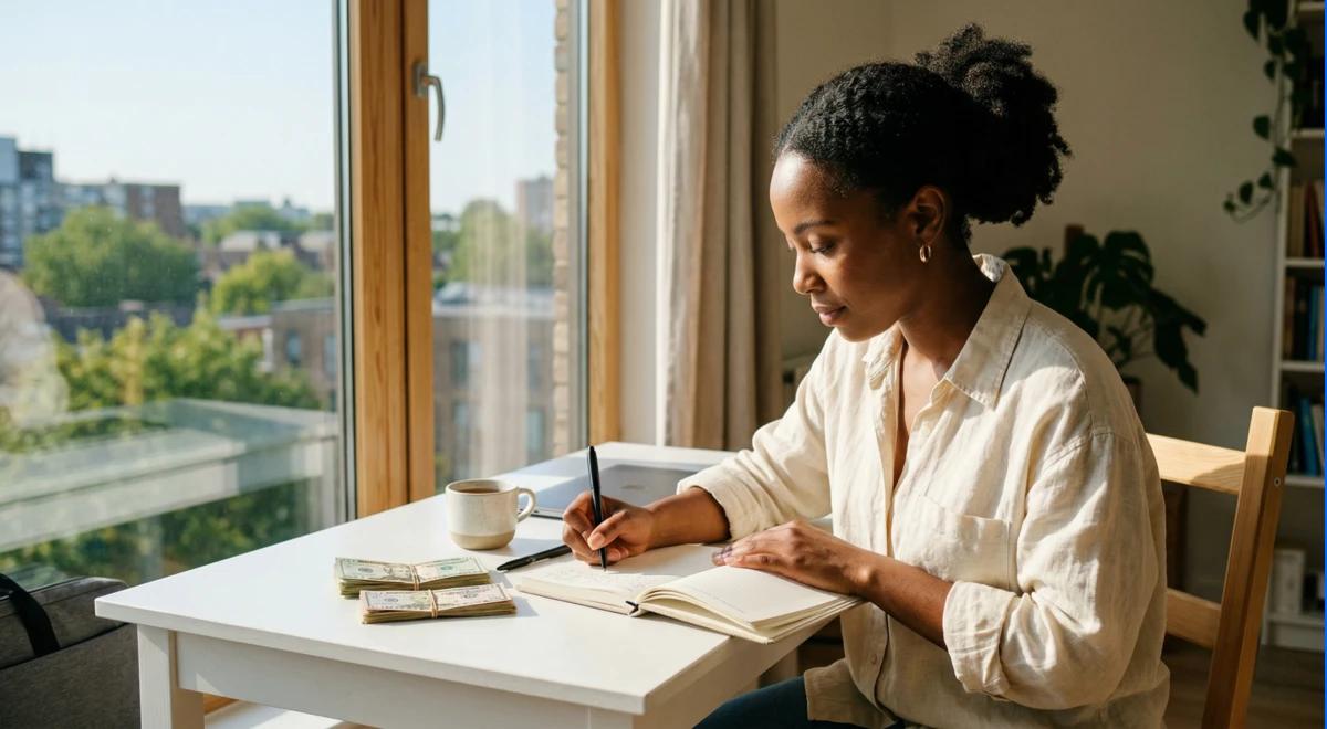 Black woman writing in a notebook at a bright desk by a window with green plants and a coffee cup, studying personal finance books
