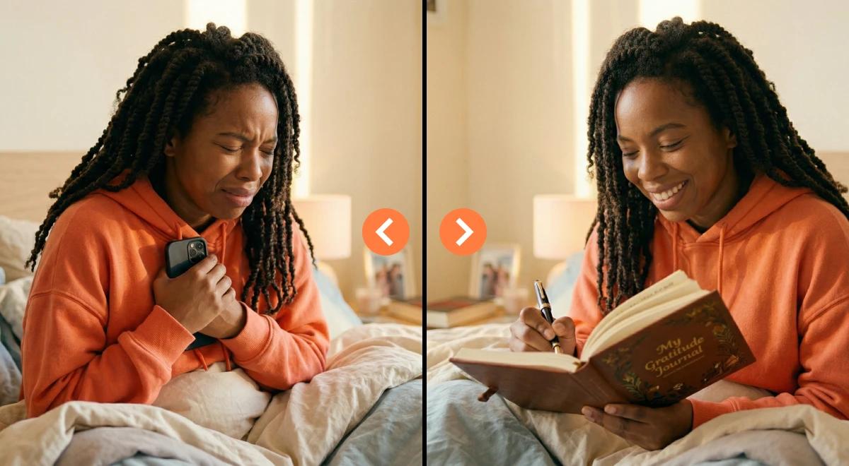 Split image of a woman in an orange hoodie — on the left looking stressed while holding a phone, on the right smiling and journaling in bed, showing a shift toward healthy habits