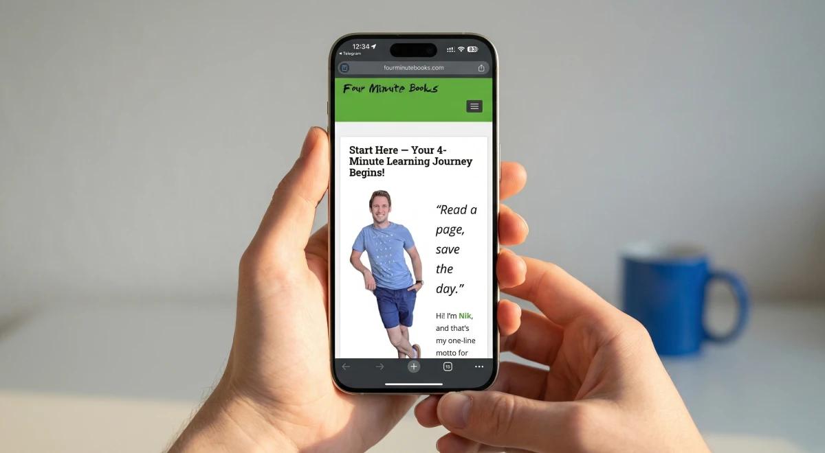 Hands holding a smartphone displaying the Four Minute Books website homepage with a standing person and tagline, gray surface and blue mug in the background