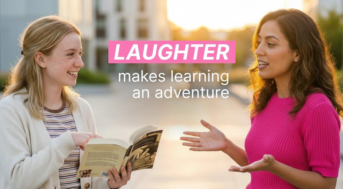 Two women sharing book recommendations outdoors at golden sunset, one holding an open book while the other in a pink top gestures expressively, capturing smart humor and laughter in learning