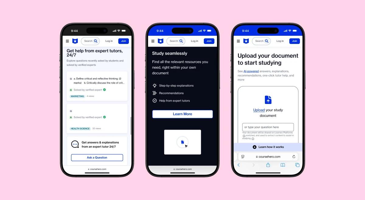 Three Course Hero app screens on a pink background showing expert tutoring, seamless study resources, and document upload features for microlearning and academic help