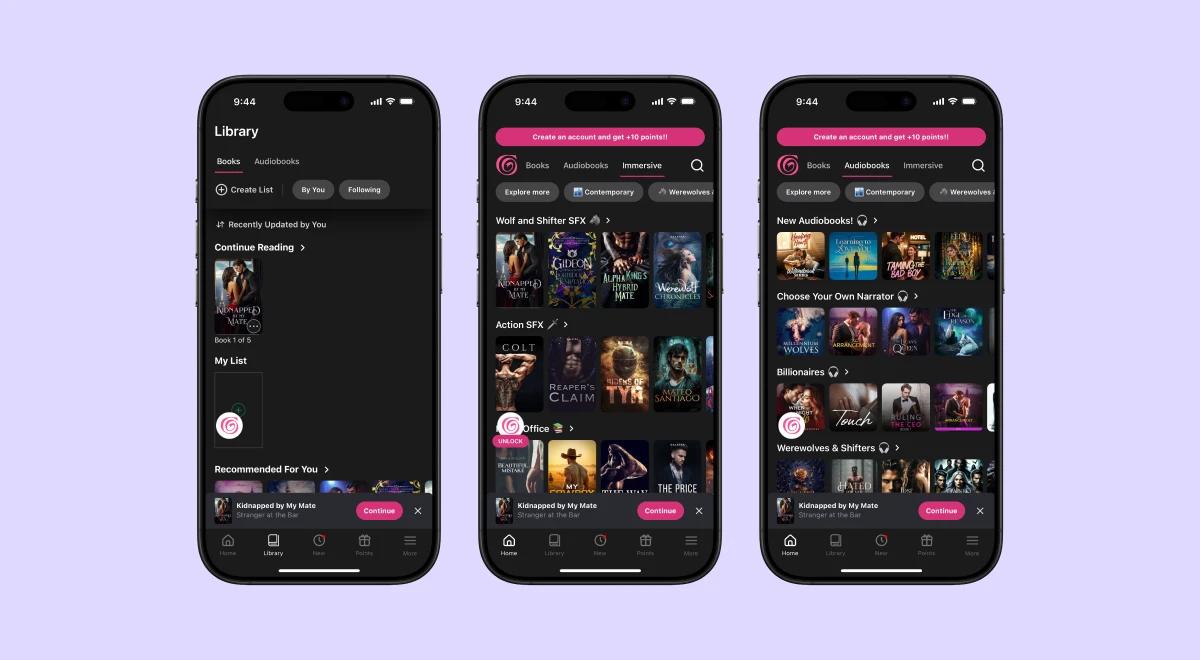 Three iPhone mockups on lavender background showing Galatea app dark-themed interface with library, audiobooks, and book browsing screens in this app review