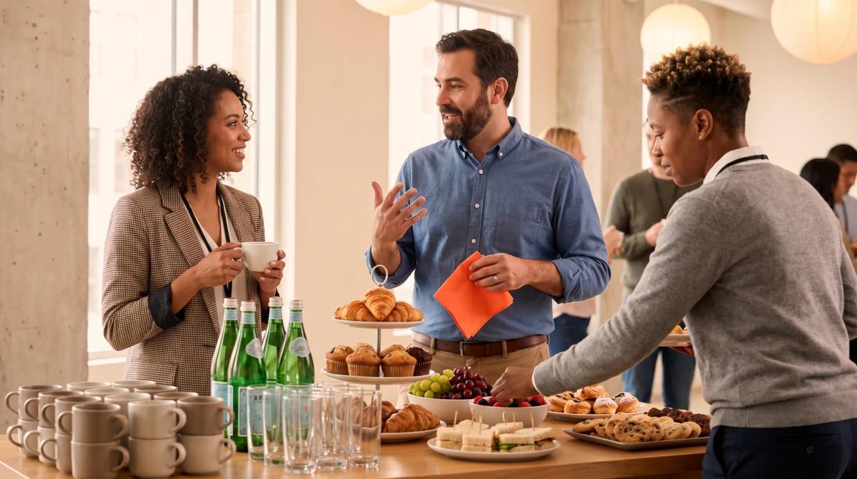 A diverse group of professionals networking at an indoor event with food and drinks on the table, navigating social norms and casual conversation in a bright modern space