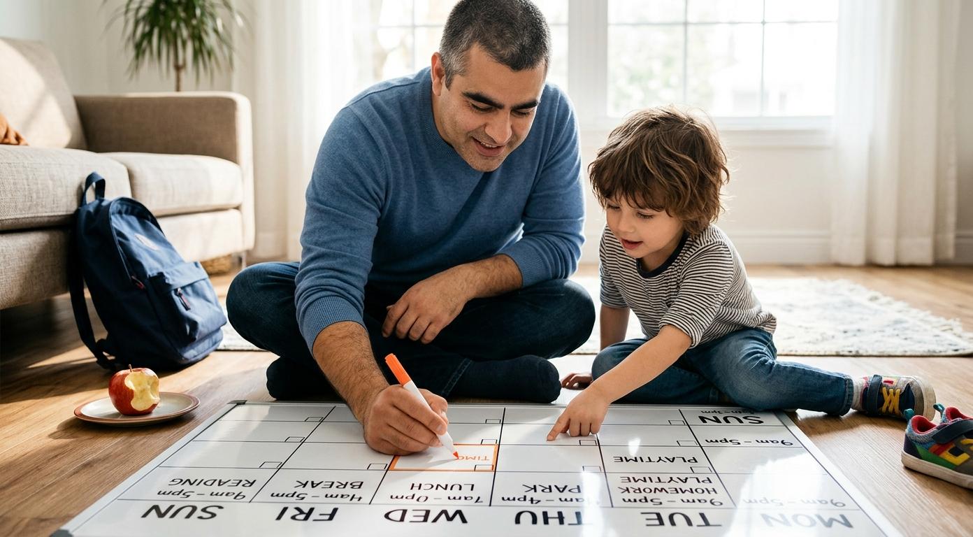 Father and child sitting on living room floor creating a weekly study schedule on a whiteboard calendar, pointing at time blocks labeled Mon, Tue, Reading and Break in warm afternoon light