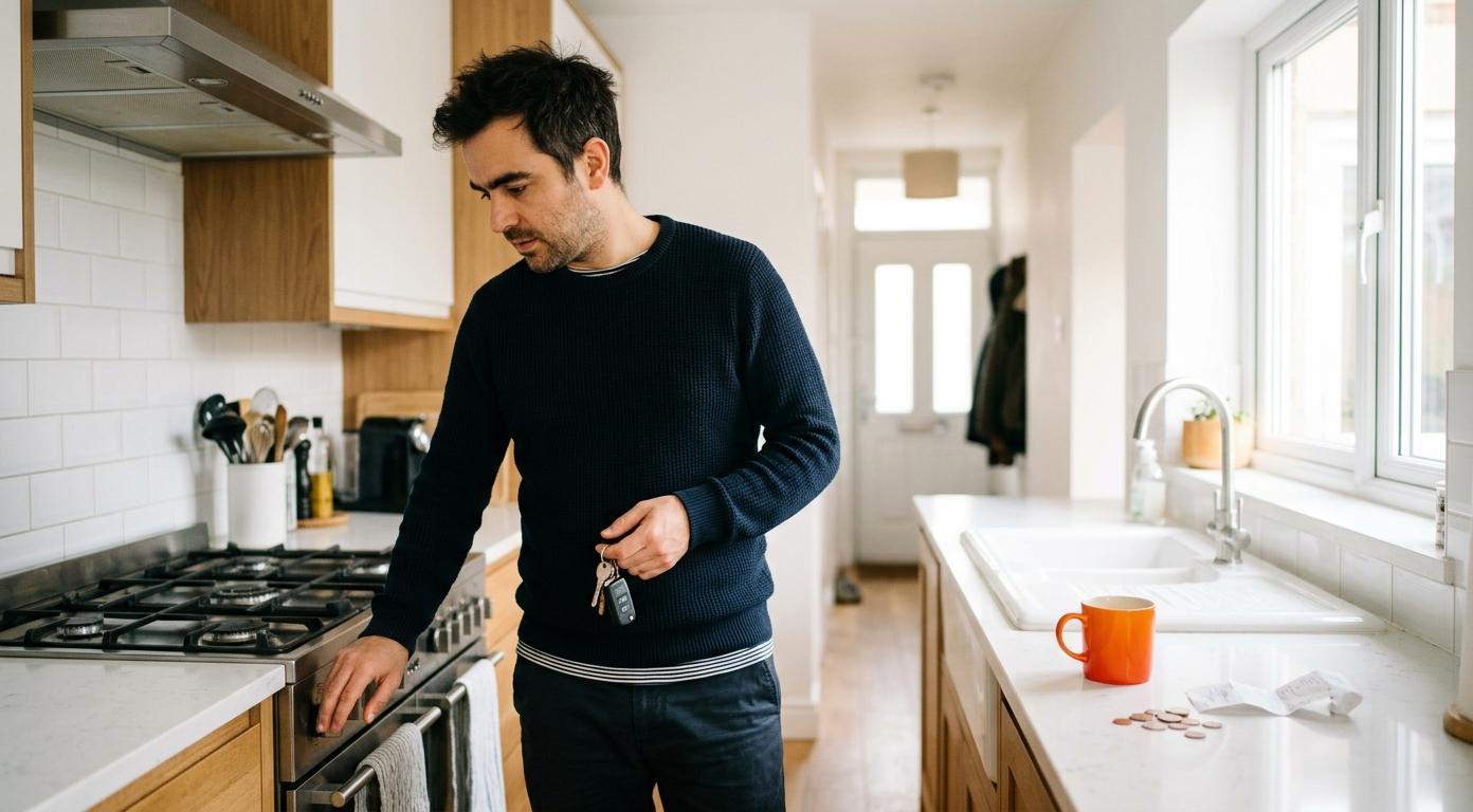 Man in his late 30s frozen mid-motion in a bright modern kitchen, one hand hovering over a stove knob, other hand holding car keys, caught between leaving and double-checking, warm natural daylight streaming through window