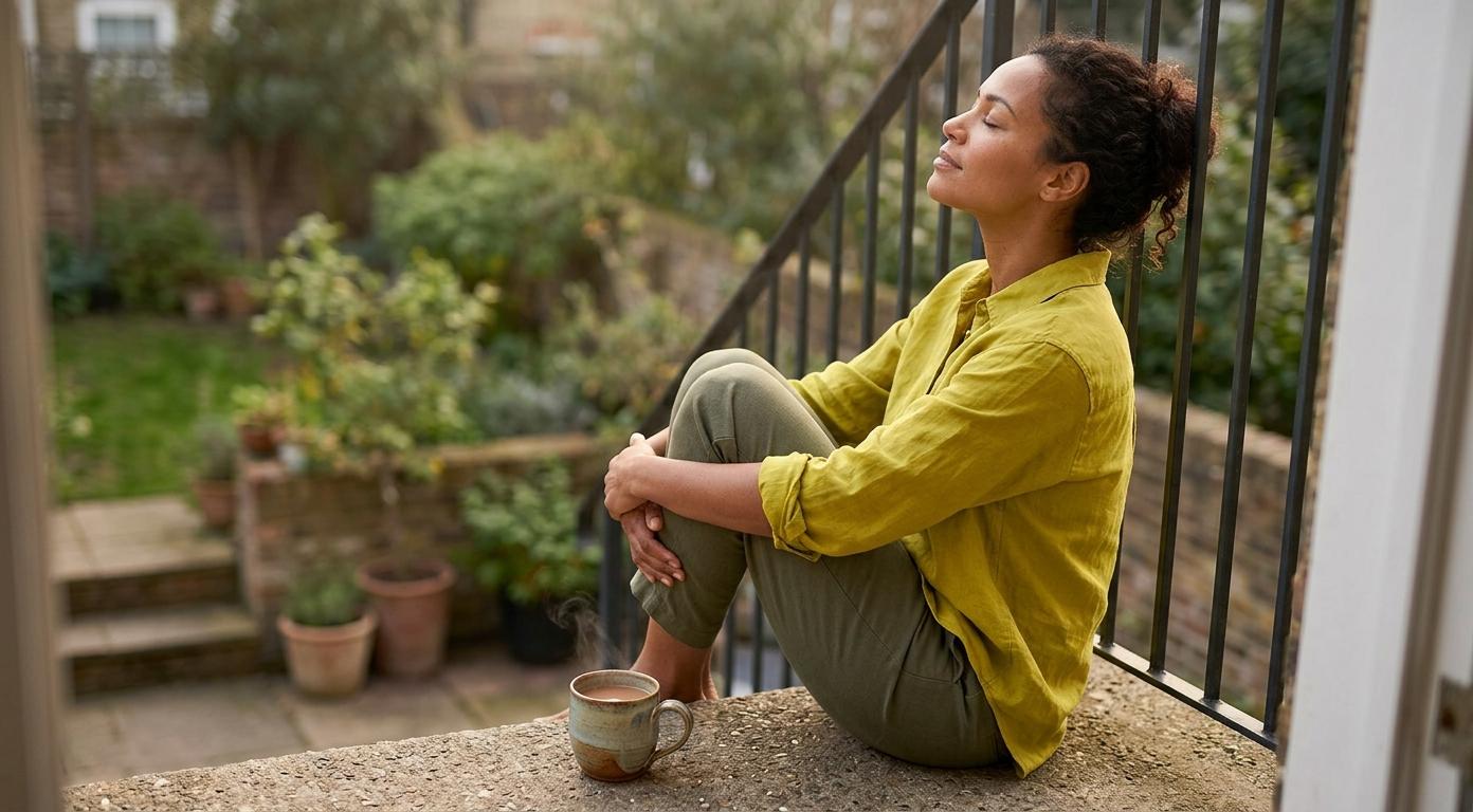 A woman with dark curly hair sits on a balcony step in warm afternoon light, eyes closed and face tilted upward, knees drawn up in quiet stillness — a moment of rest when feeling emotionally drained