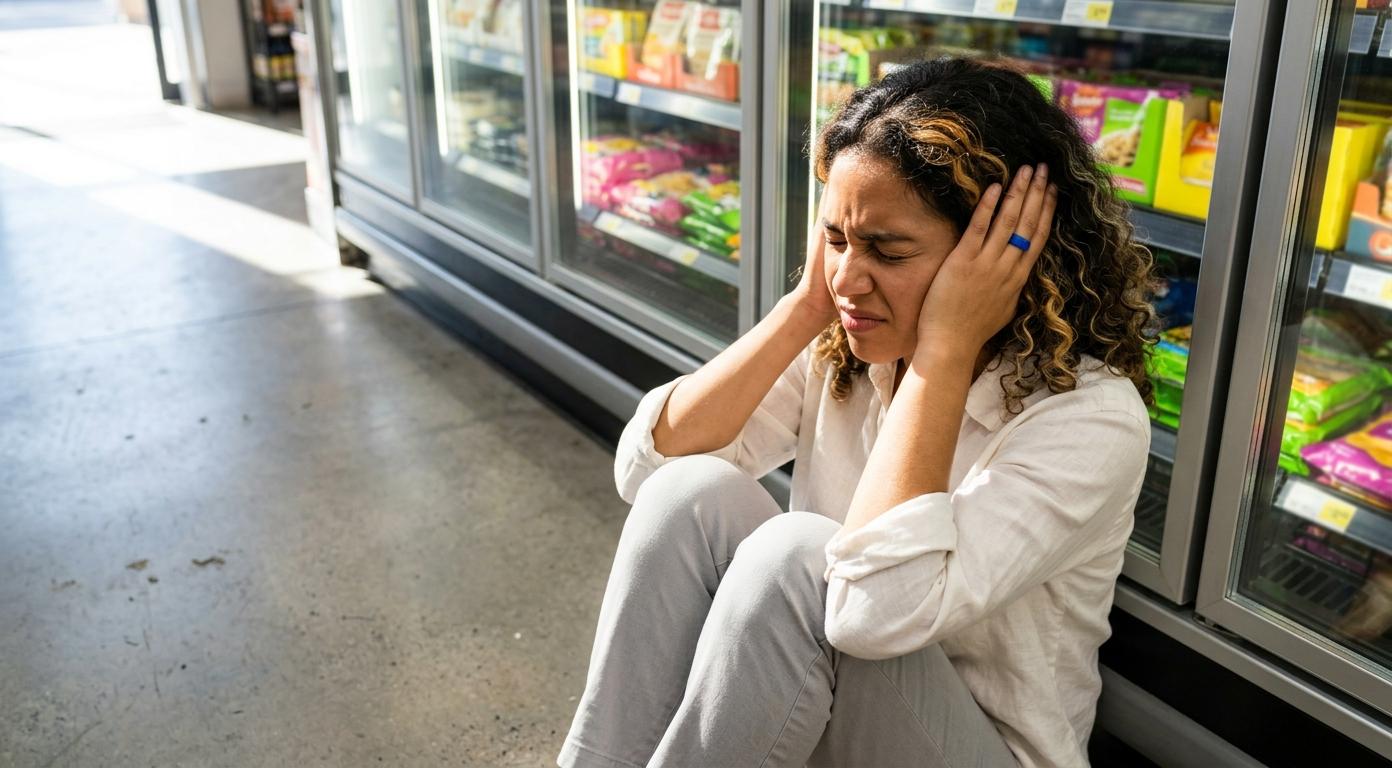 Mixed-race woman in off-white linen sitting on grocery store floor, hands pressed over ears, eyes shut, cobalt-blue ring visible, overwhelmed by sensory overload under harsh fluorescent lighting