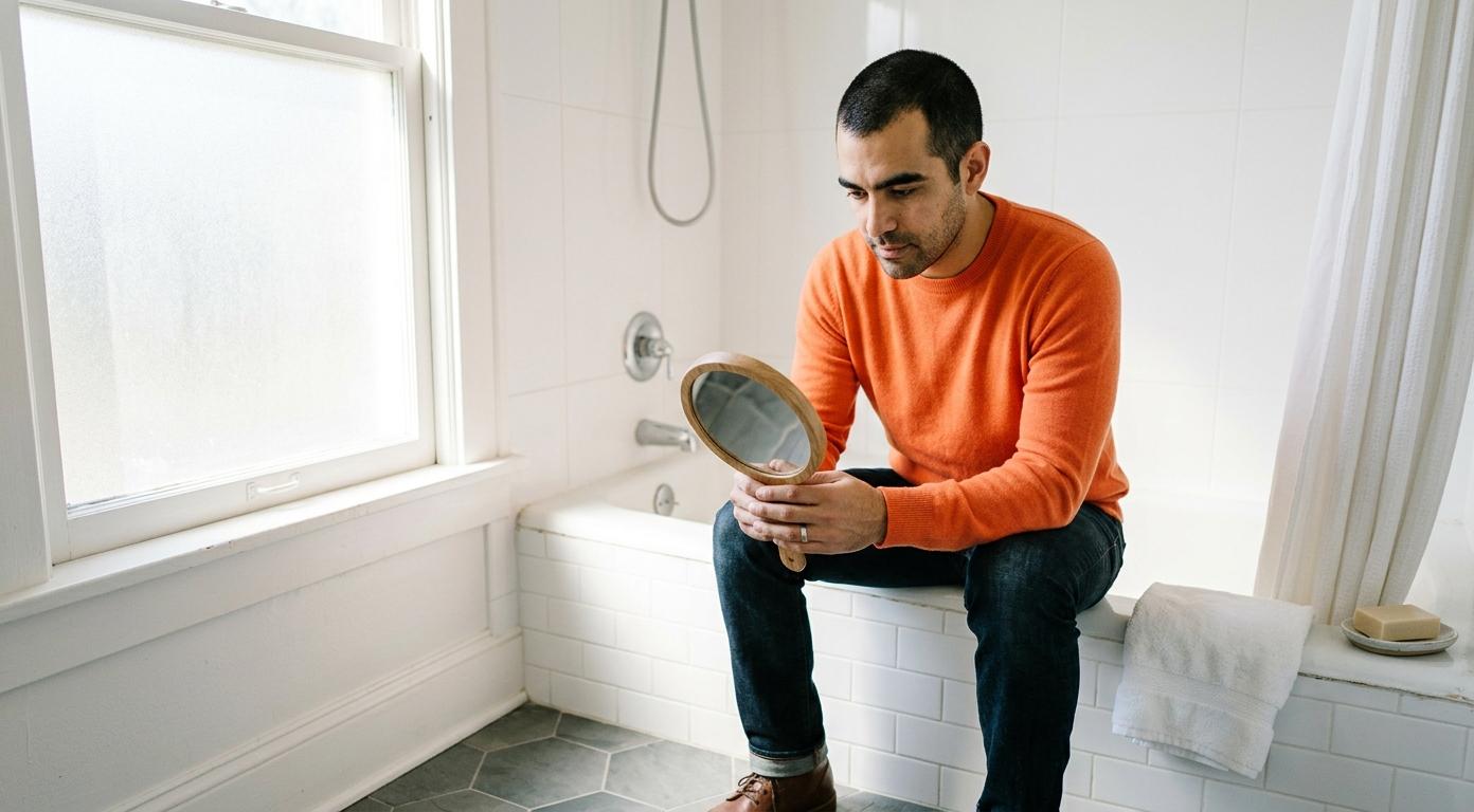 Man in tangerine sweater sitting on bathtub edge in bright white bathroom, looking into handheld mirror with calm introspective expression in soft morning light