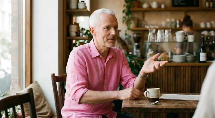 Silver-haired man in pink linen shirt leaning forward at a café table with a warm yet firm expression, gesturing thoughtfully — embodying being nice with quiet confidence in a cozy wooden café