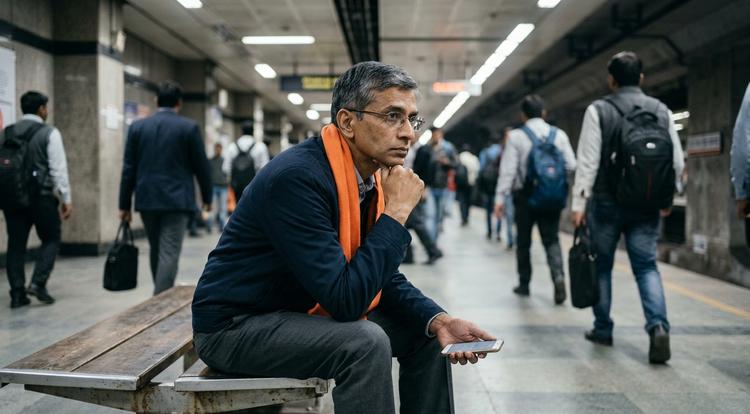 South Asian man in his 50s sitting alone on a subway bench, lost in thought like an overthinker, wearing a tangerine scarf, as blurred commuters rush past in a grey metro station