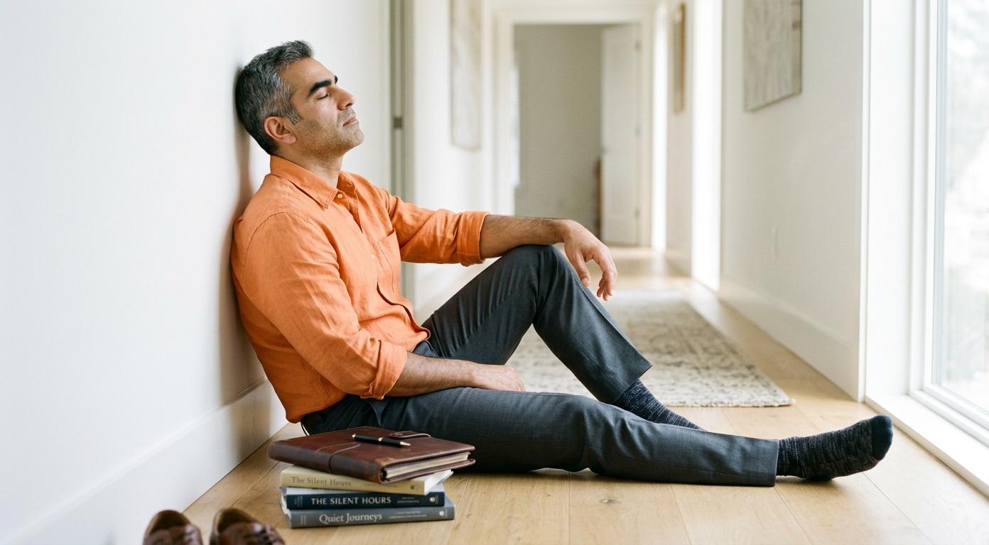 Man in his early 40s with salt-and-pepper hair sitting on a hallway floor, eyes closed, leaning against wall in a tangerine shirt with books and leather portfolio beside him