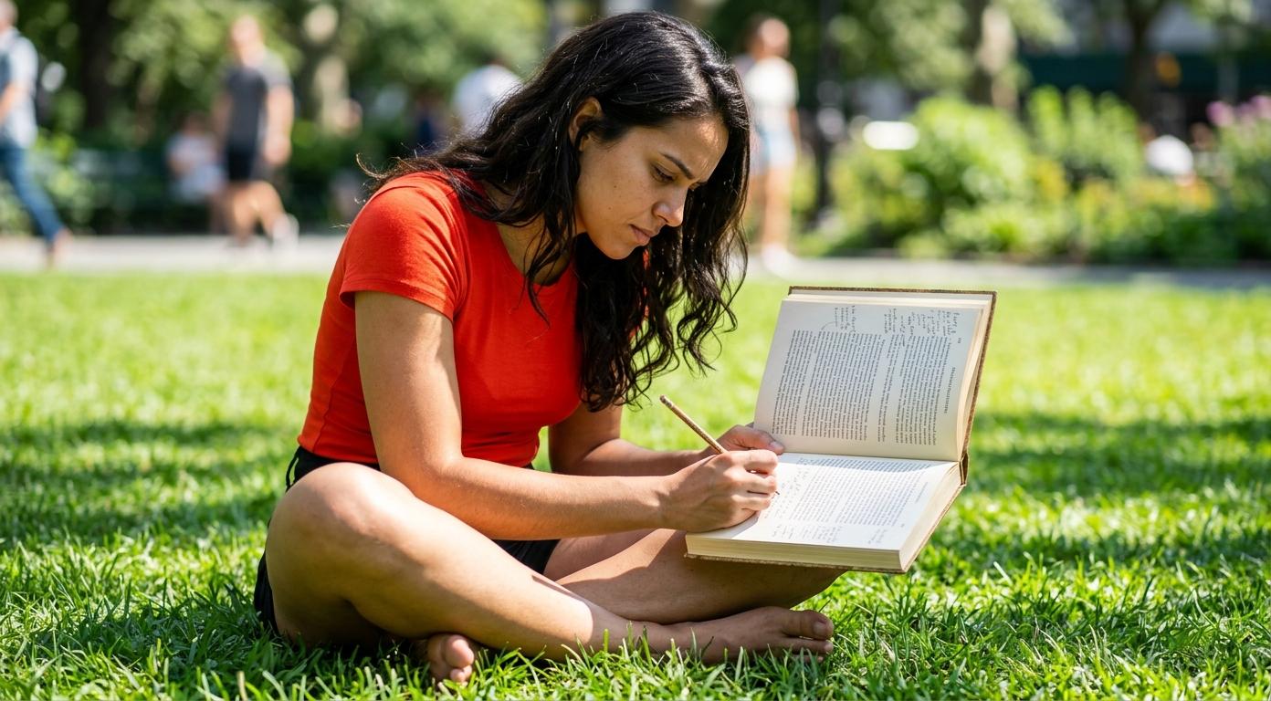 Young Brazilian woman in a red top sitting cross-legged on sunlit park grass, annotating a hardcover book with a pencil in focused active reading under bright midday sun