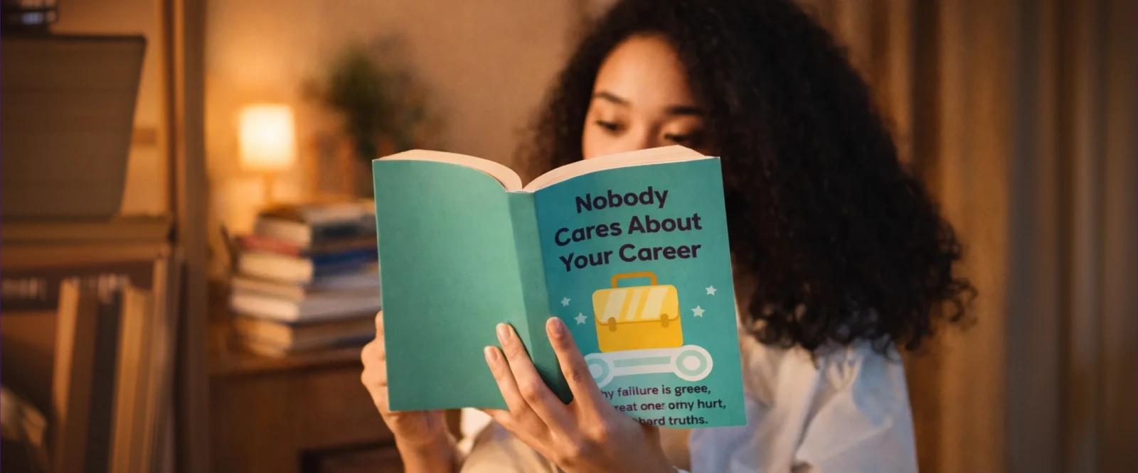 Woman reading must-read career book Nobody Cares About Your Career with teal cover in warm cozy home library setting